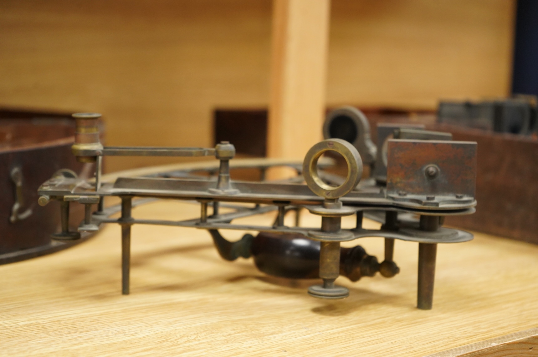 A mid 19th century brass and lacquered double frame sextant, by Troughton & Sims, London, number 2367, the mahogany case containing four interchangeable sighting telescopes, two eyepieces and an adjusting key